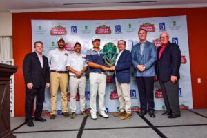 Jack Warfield, presidente de PGA Tour Latinoamérica, Alejandro Fernández, gerente de Marcas Importadas de Ambev Centroamérica, Mikele Marsicovetere, gerente de Mercadeo de Ambev Centroamérica, John Young Kim, campeón del Stella Artois Open 2016, Billy Cifuentes, director del torneo Guatemala Stella Artois Open y Perry Dye, diseñador de la campo de golf Fuego Maya de La Reunión Golf Resort & Residences. 