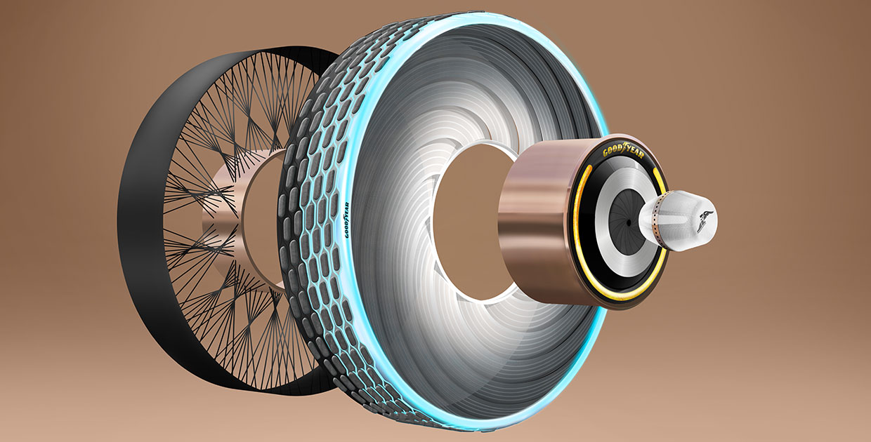 El neumático prototipo recargable de Goodyear facilita el cambio de neumáticos con cápsulas a la medida que los regenera